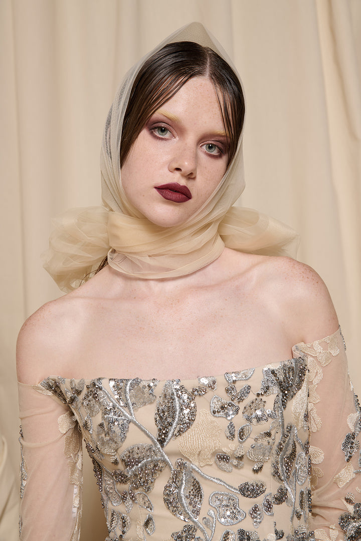 Sleek Dress with Petal-Fold Off-The-Shoulder Bodice