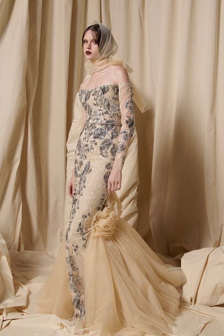 Sleek Dress with Petal-Fold Off-The-Shoulder Bodice