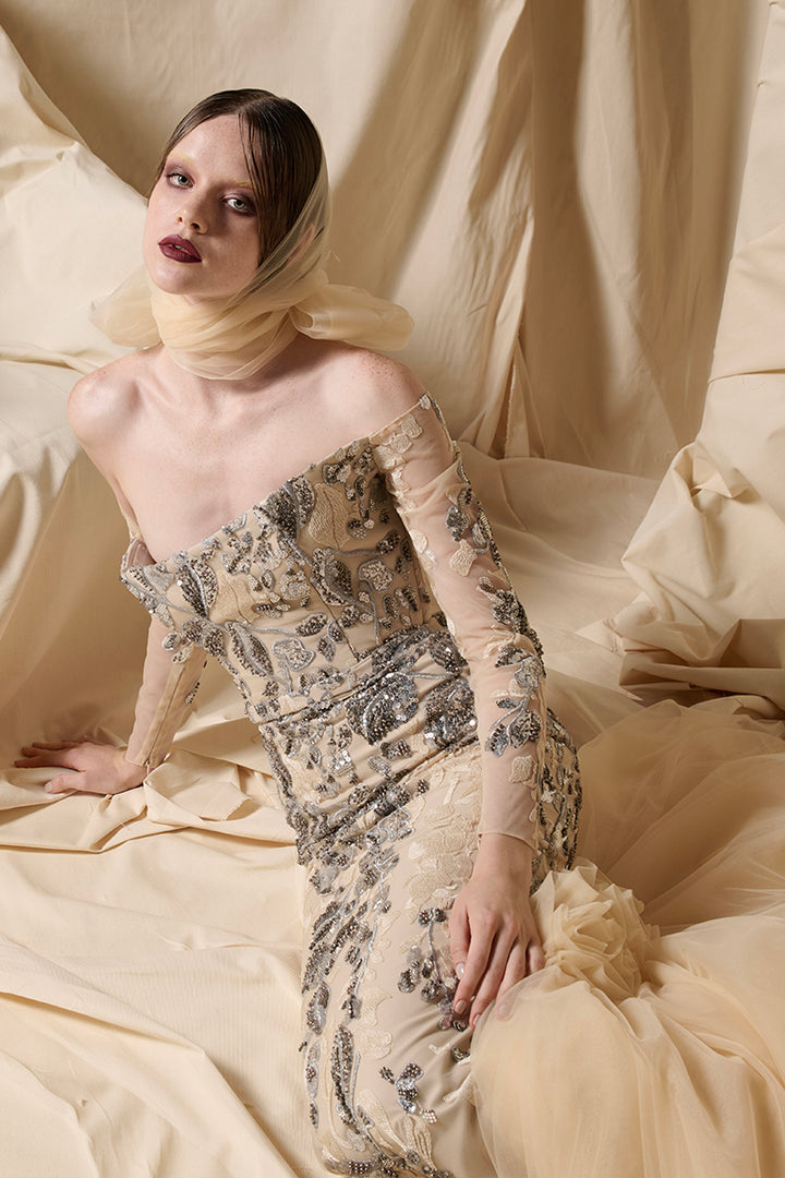 Sleek Dress with Petal-Fold Off-The-Shoulder Bodice