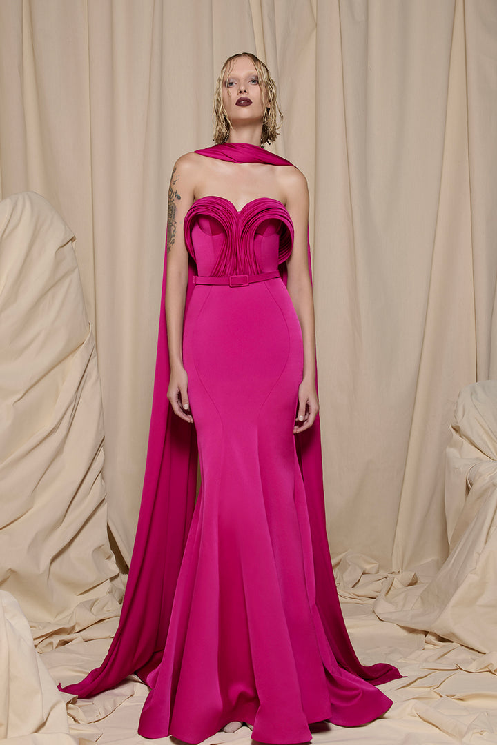 Strapless Crepe Cape Dress