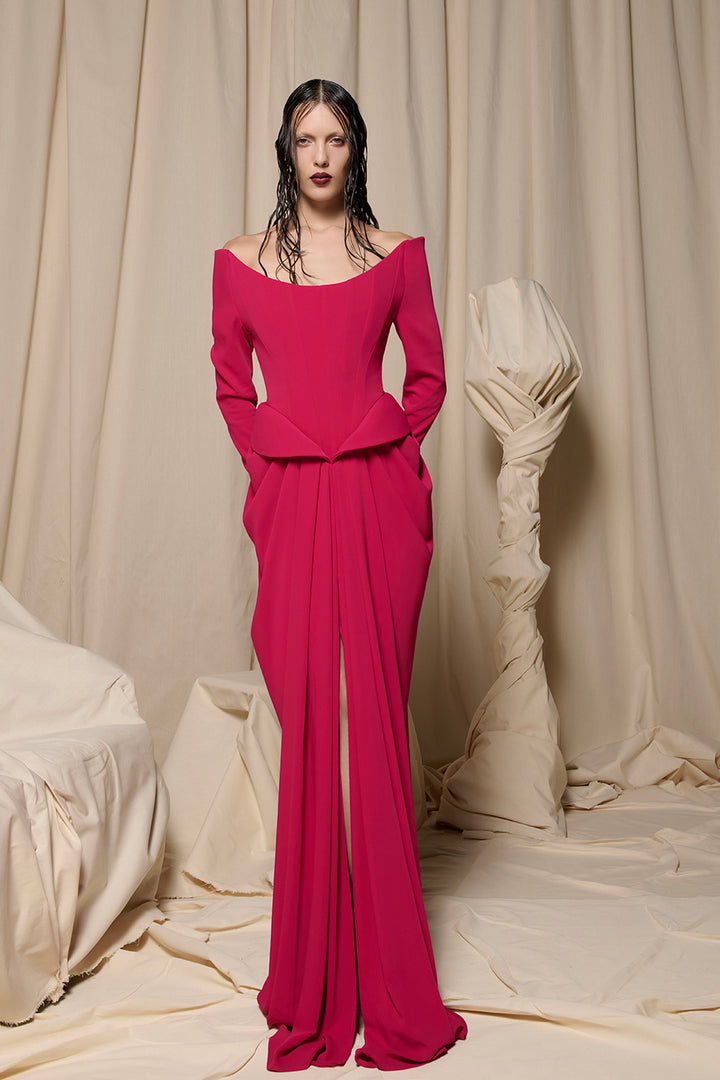 Off-The-Shoulder Crepe Long Dress with Long Sleeves