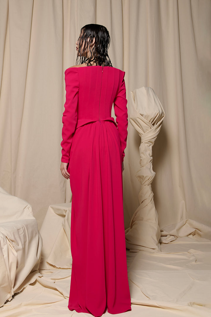 Off-The-Shoulder Crepe Long Dress with Long Sleeves