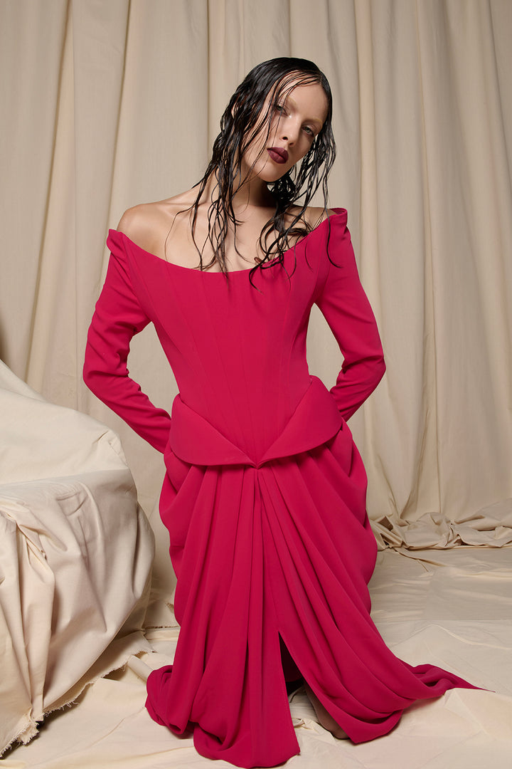 Off-The-Shoulder Crepe Long Dress with Long Sleeves