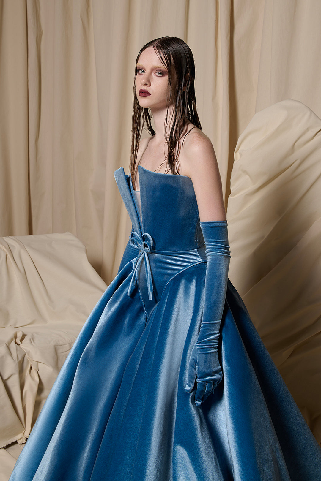 Velvet Strapless Dress with Plunging Bodice