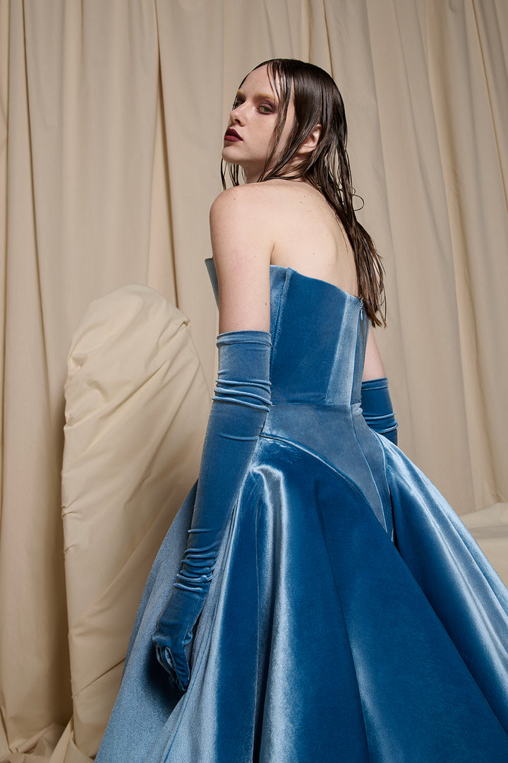 Velvet Strapless Dress with Plunging Bodice