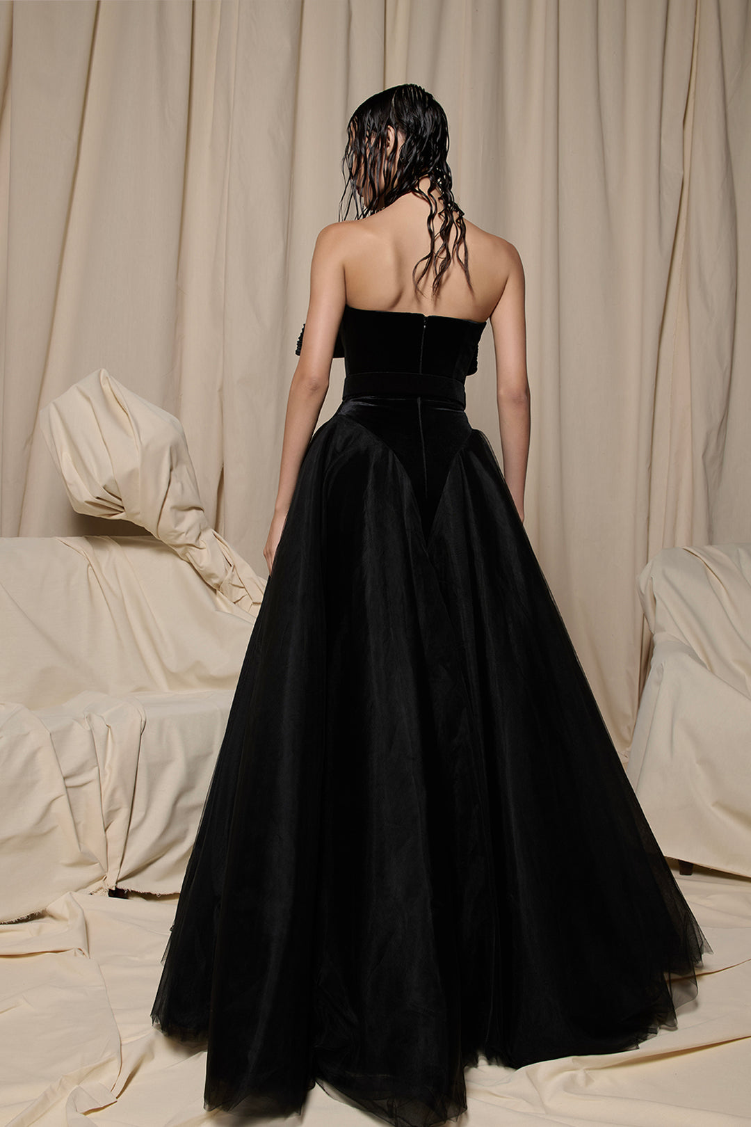 Strapless Tulle Dress with Sculpted Velvet Bow