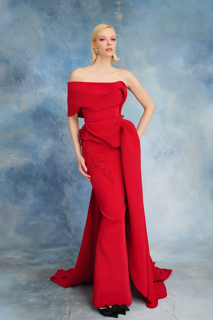 Floral Appliqué Off-Shoulder Draped Crepe Dress