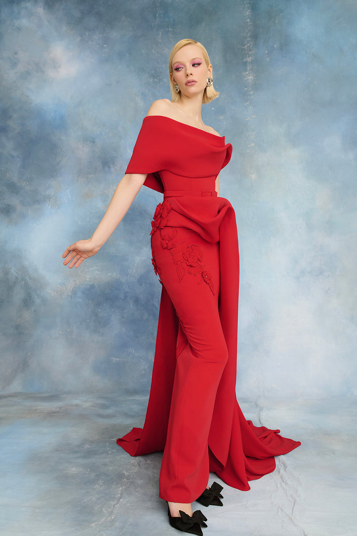 Floral Appliqué Off-Shoulder Draped Crepe Dress