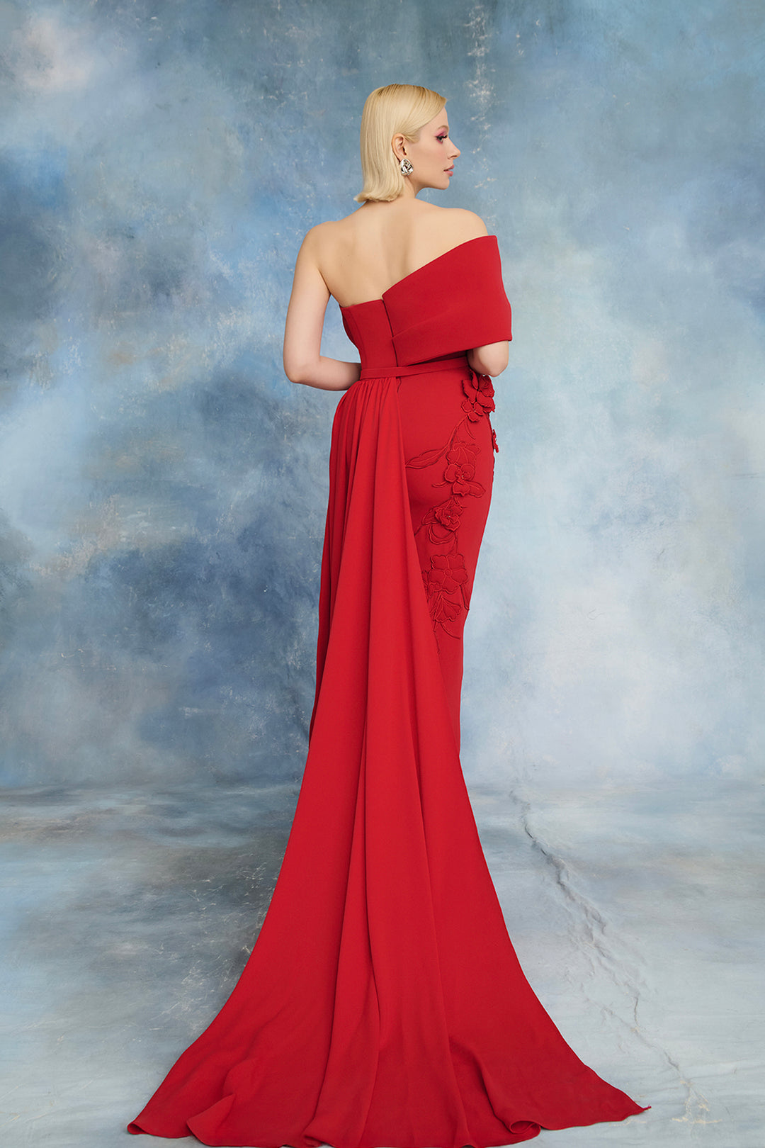 Floral Appliqué Off-Shoulder Draped Crepe Dress