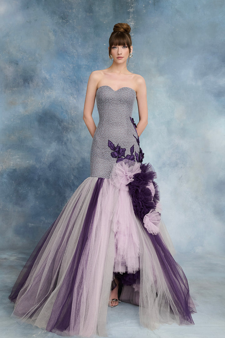 Guipure Bodice with Floral Appliqué and Layered Tulle Skirt Dress