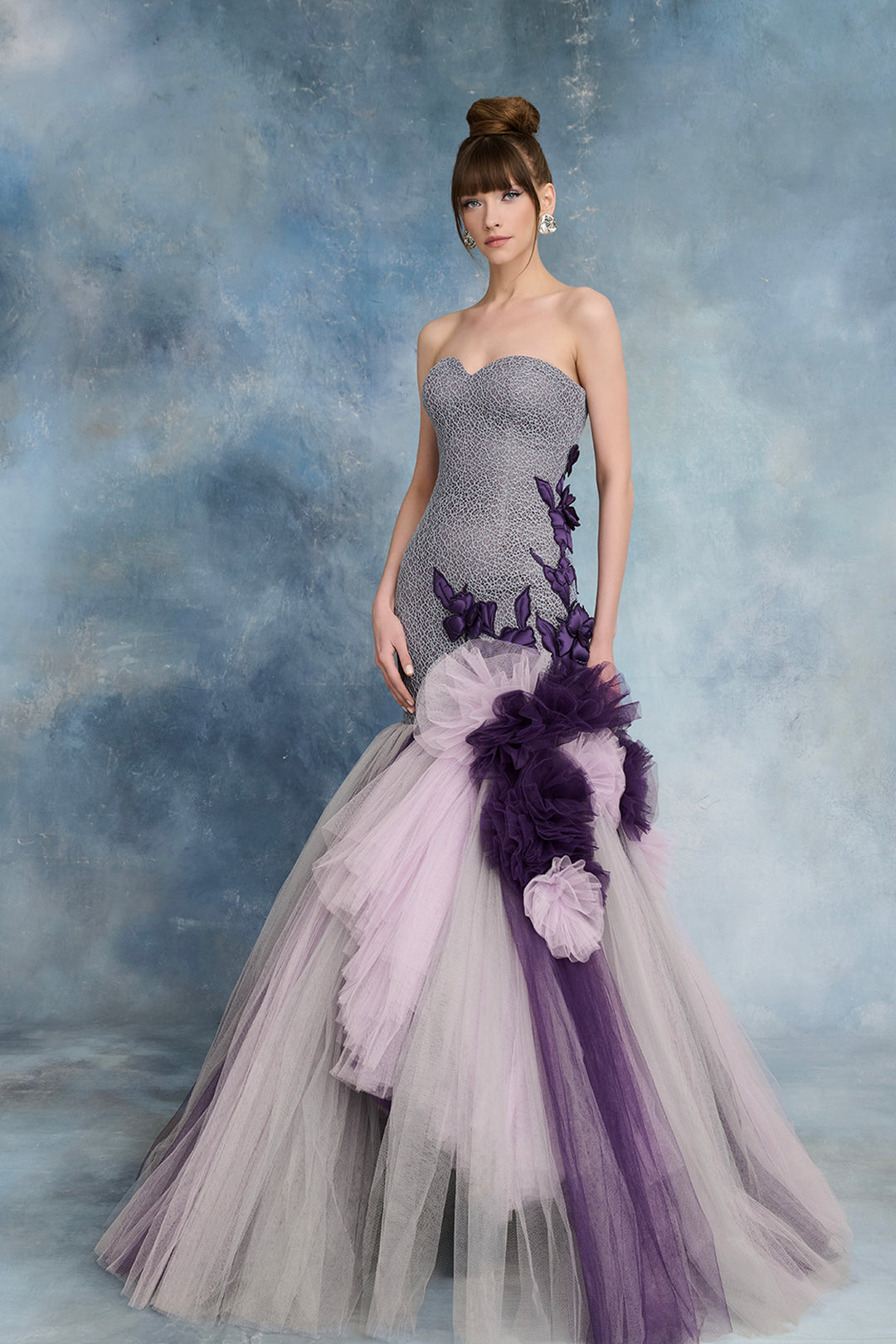 Guipure Bodice with Floral Appliqué and Layered Tulle Skirt Dress