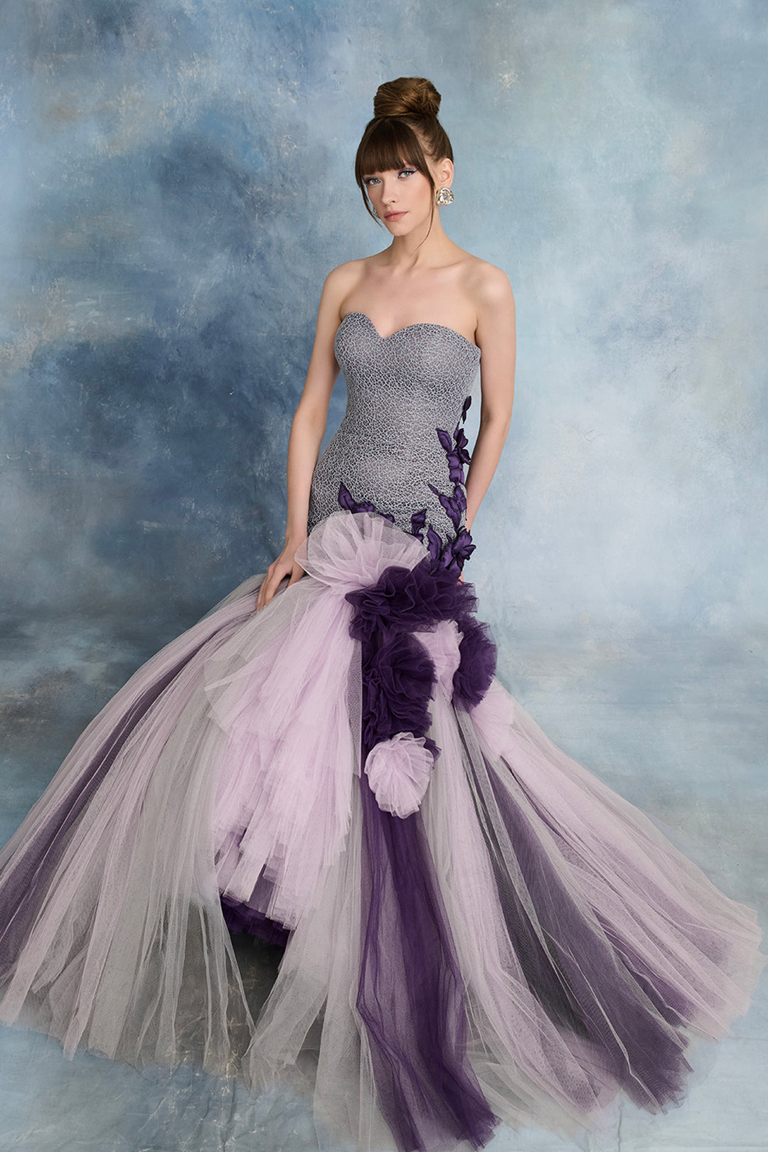 Guipure Bodice with Floral Appliqué and Layered Tulle Skirt Dress