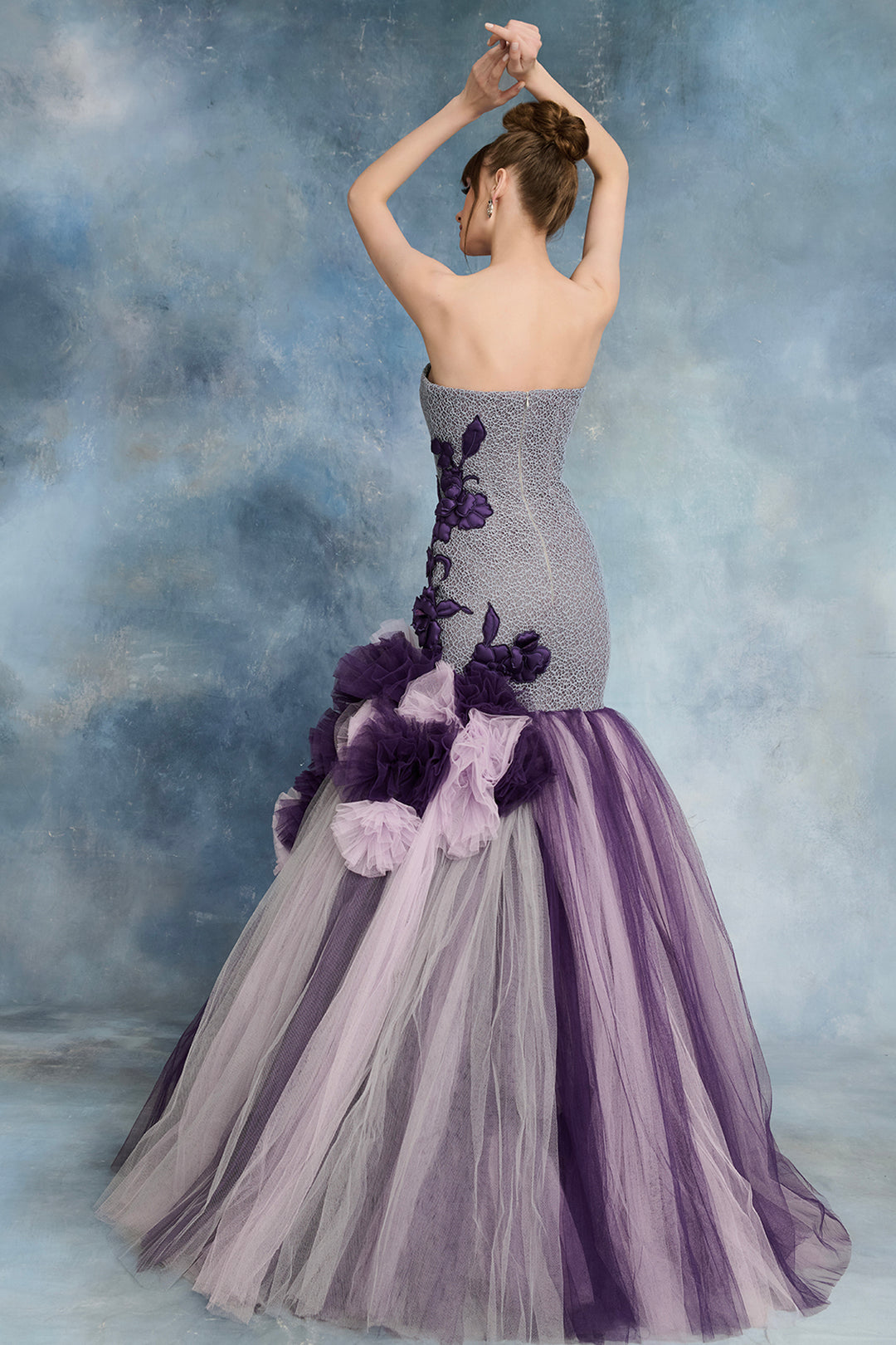 Guipure Bodice with Floral Appliqué and Layered Tulle Skirt Dress