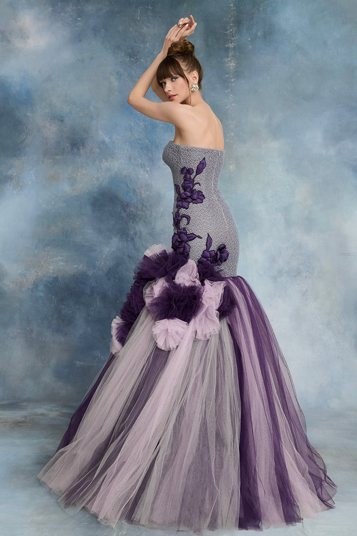 Guipure Bodice with Floral Appliqué and Layered Tulle Skirt Dress