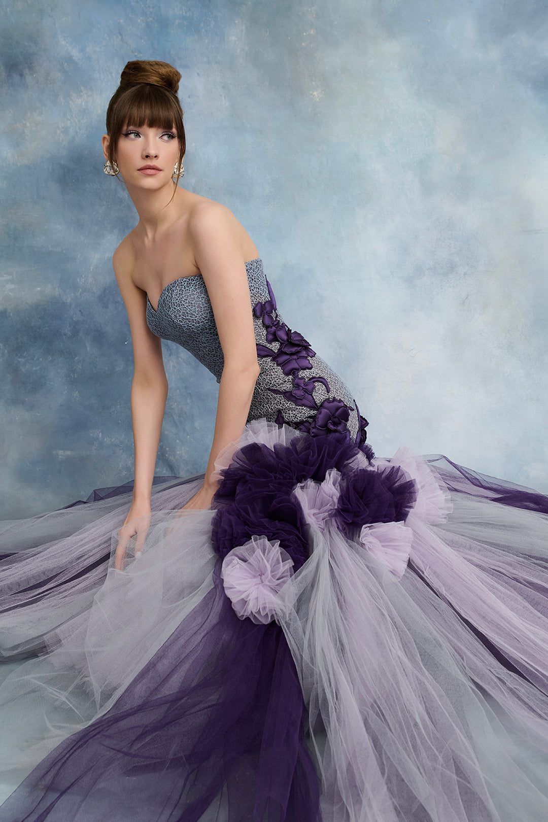 Guipure Bodice with Floral Appliqué and Layered Tulle Skirt Dress