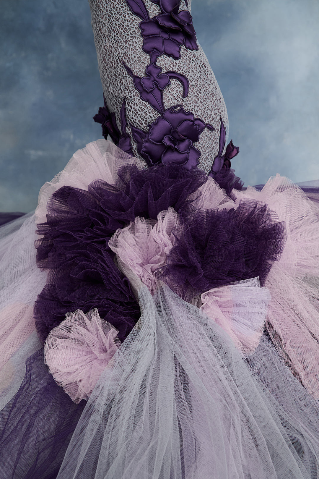 Guipure Bodice with Floral Appliqué and Layered Tulle Skirt Dress