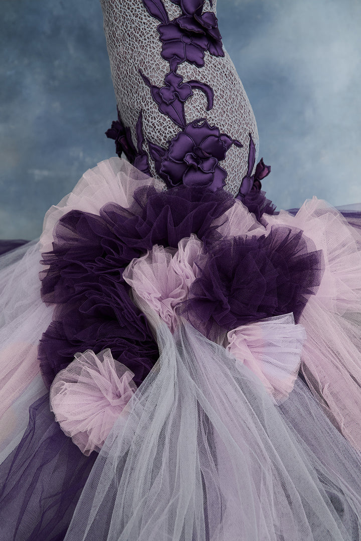 Guipure Bodice with Floral Appliqué and Layered Tulle Skirt Dress