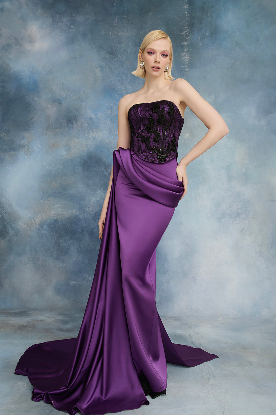 Lace Bodice with Embroidered Florals and Layered Tulle Dress Purple / US 18