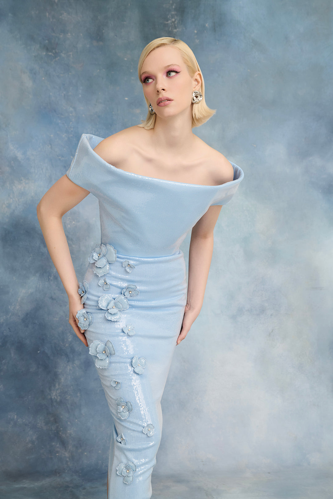 Sequin Off-The-Shoulder Dress with Floral Appliqués