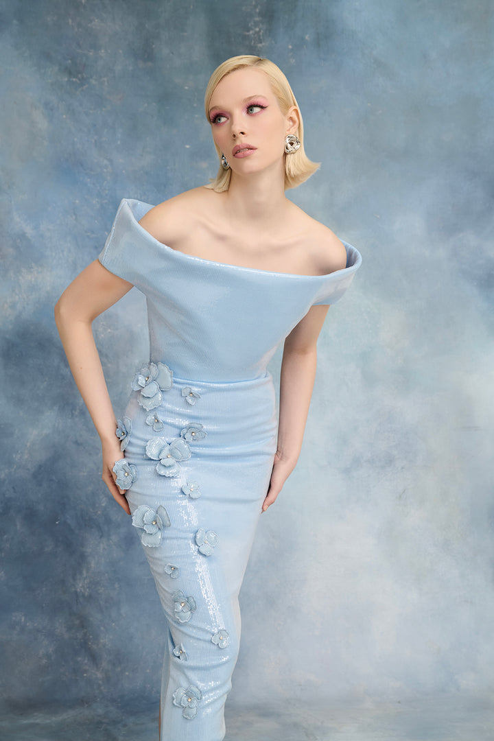 Sequin Off-The-Shoulder Dress with Floral Appliqués