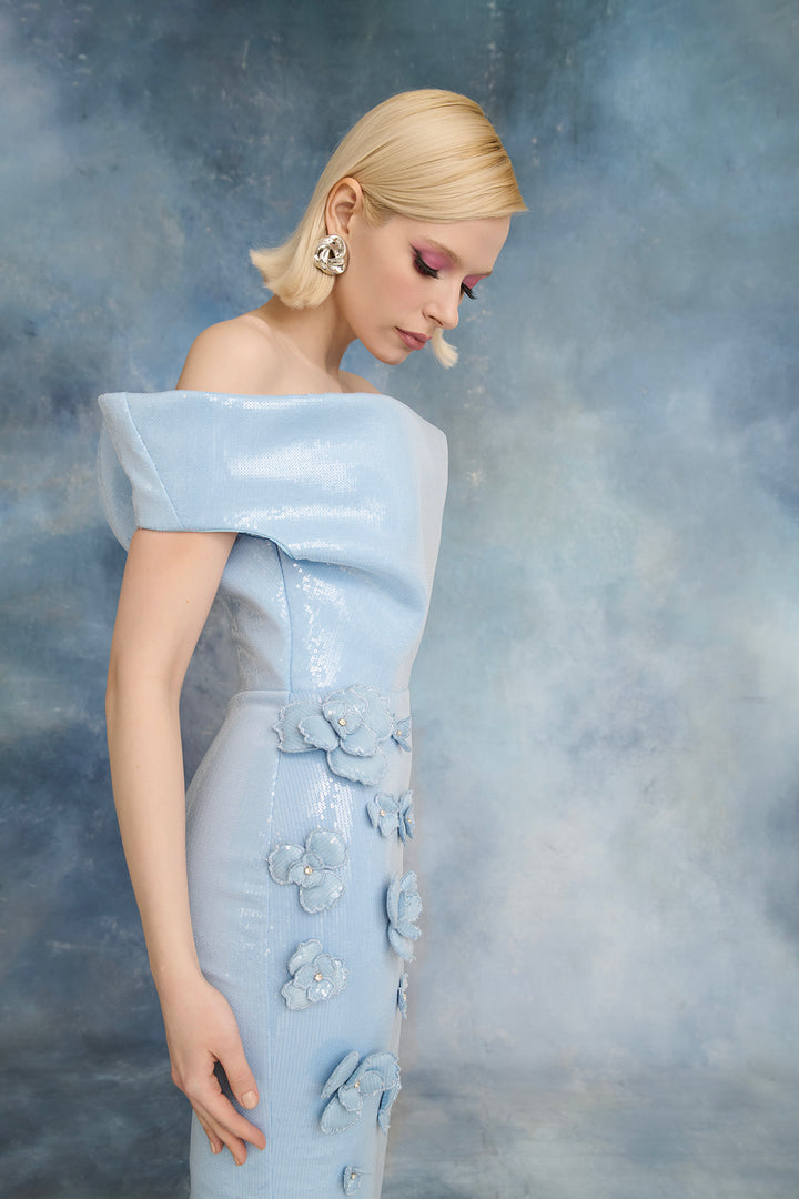 Sequin Off-The-Shoulder Dress with Floral Appliqués