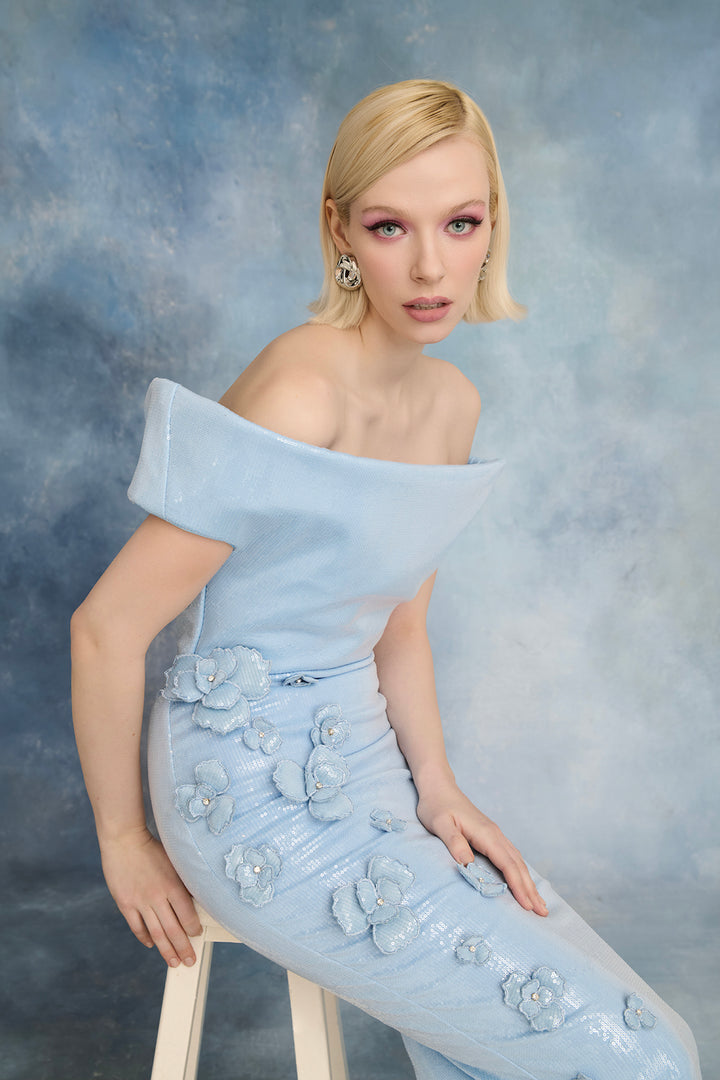 Sequin Off-The-Shoulder Dress with Floral Appliqués