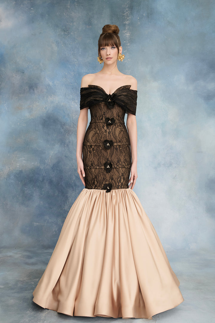 Lace Bodice Embellished Mermaid Dress with Satin Skirt