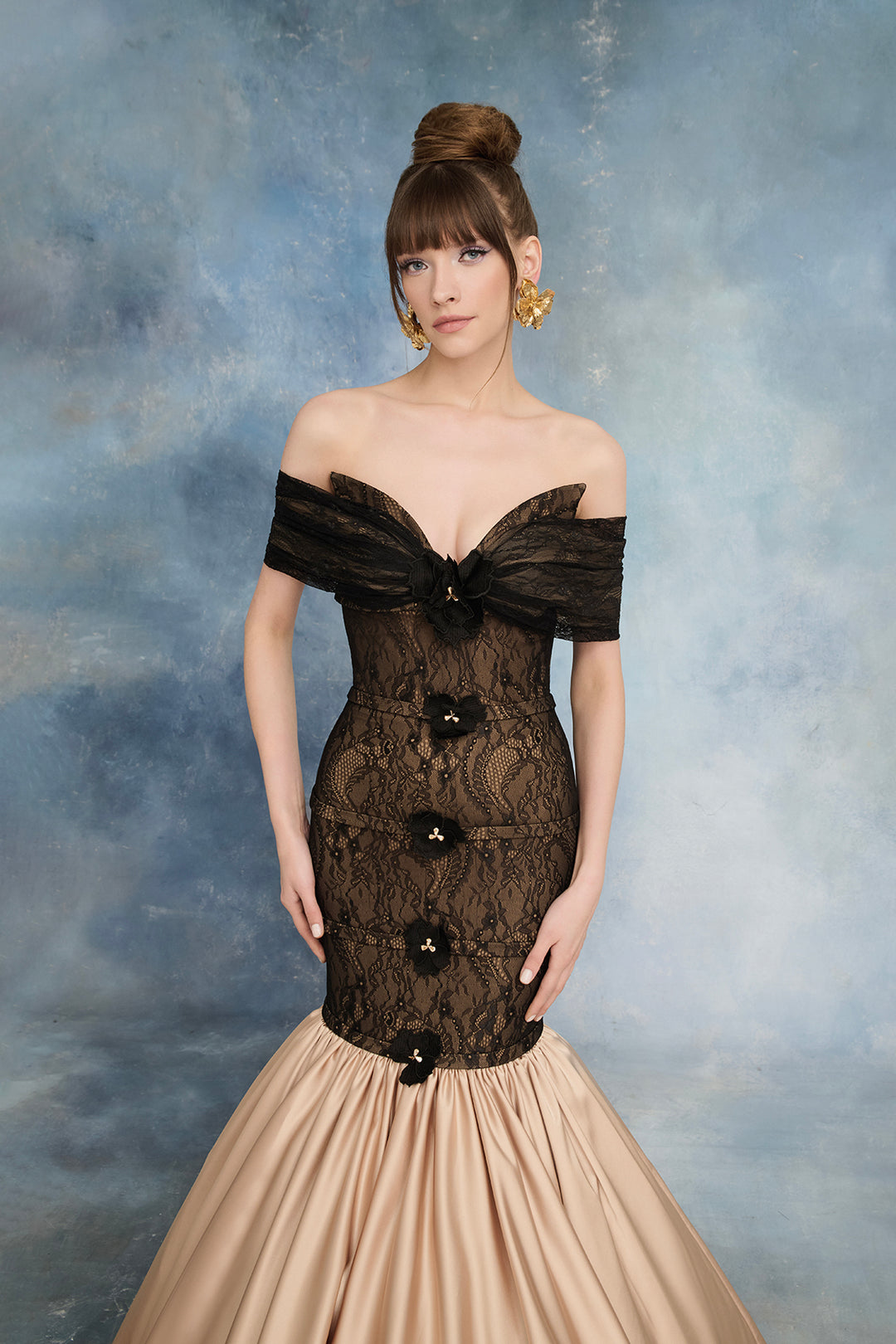 Lace Bodice Embellished Mermaid Dress with Satin Skirt