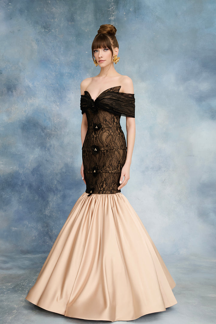 Lace Bodice Embellished Mermaid Dress with Satin Skirt