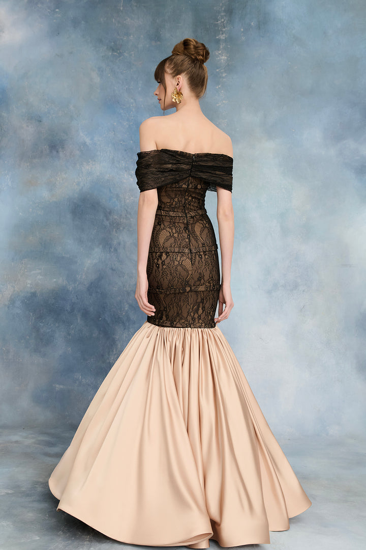 Lace Bodice Embellished Mermaid Dress with Satin Skirt