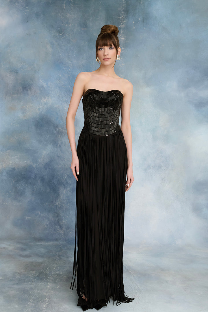 Sequin Bodice with Crepe Fringe and Fluid Crepe Skirt