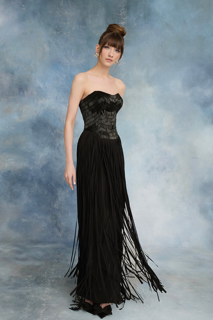 Sequin Bodice with Crepe Fringe and Fluid Crepe Skirt