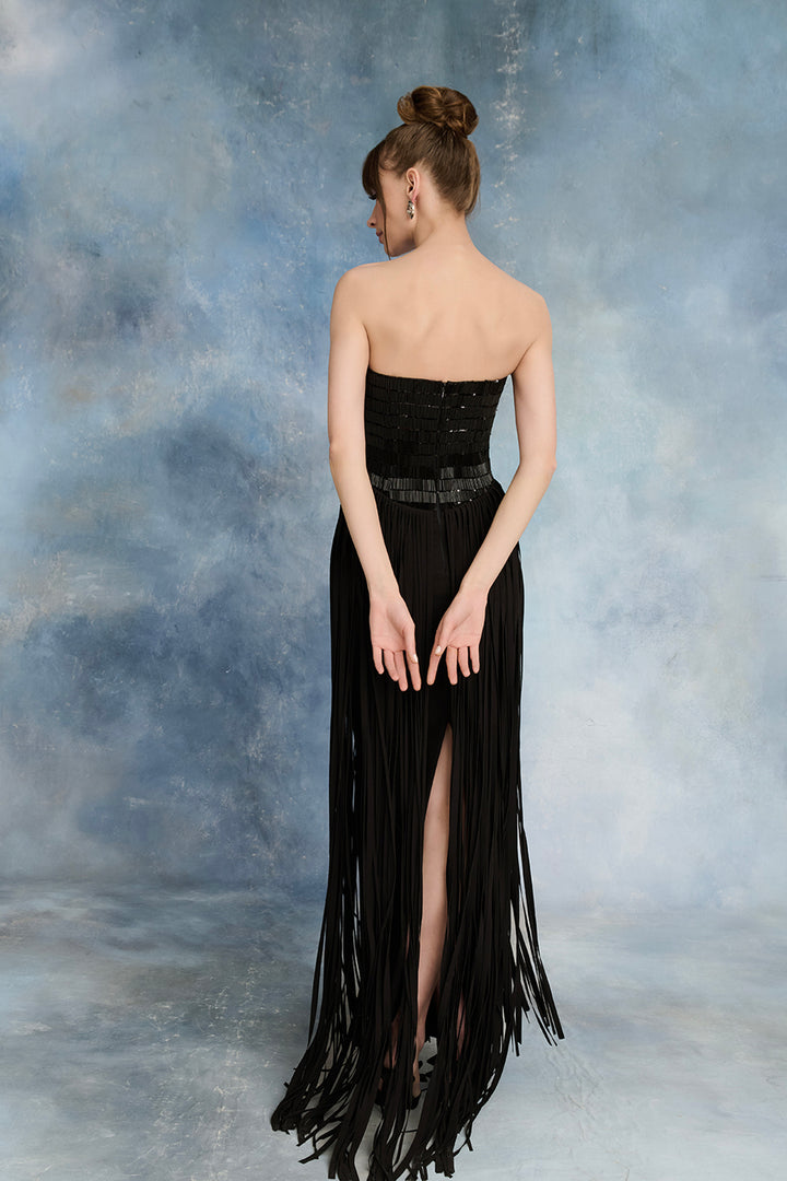 Sequin Bodice with Crepe Fringe and Fluid Crepe Skirt
