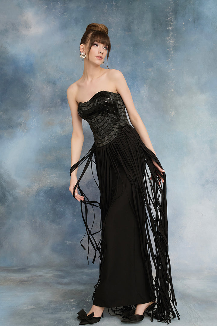 Sequin Bodice with Crepe Fringe and Fluid Crepe Skirt
