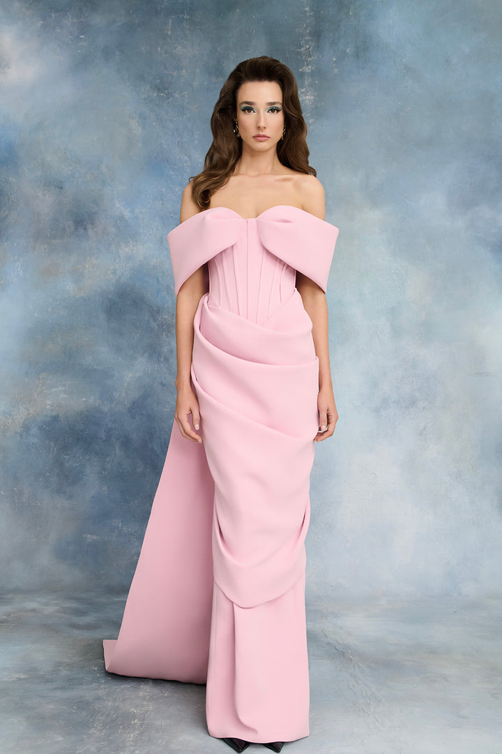 Off-The-Shoulder Corseted Crepe Dress with Floral Embroidery