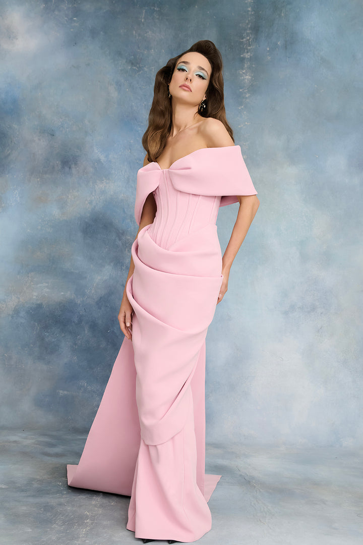 Off-The-Shoulder Corseted Crepe Dress with Floral Embroidery