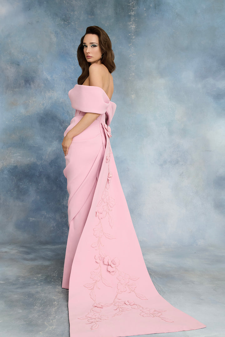 Off-The-Shoulder Corseted Crepe Dress with Floral Embroidery