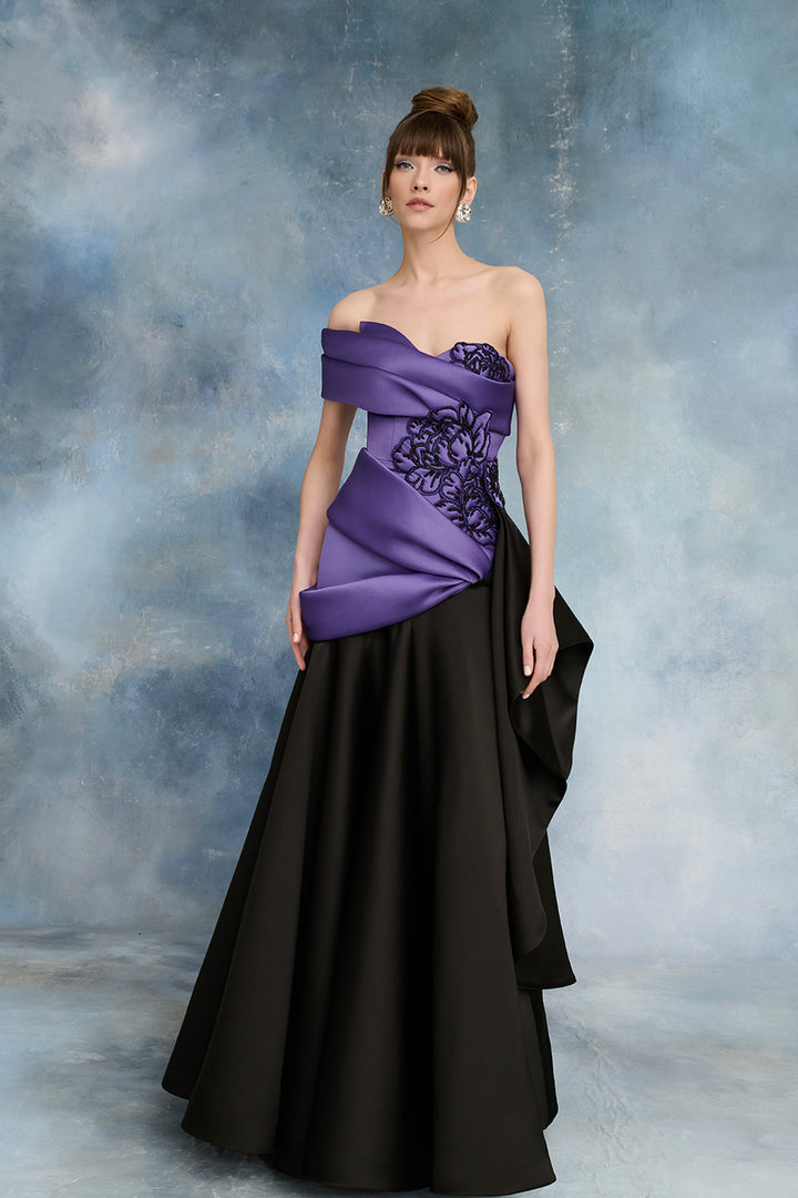 One-Shoulder Corseted Dress with Draping and Florals