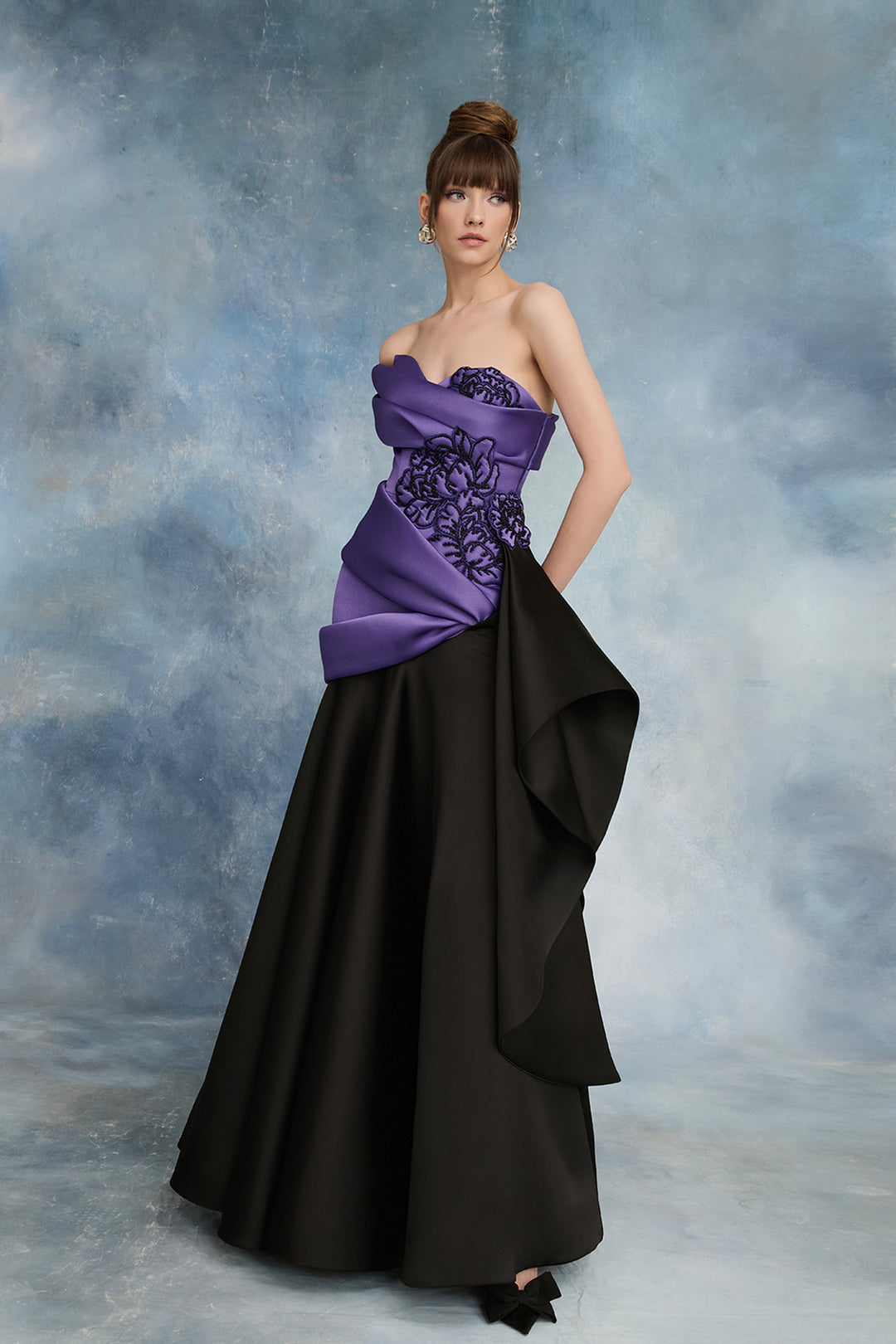 One-Shoulder Corseted Dress with Draping and Florals