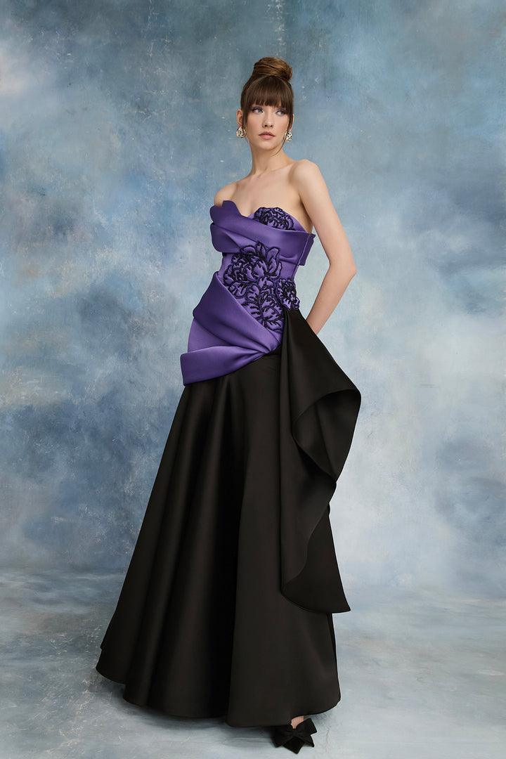 One-Shoulder Corseted Dress with Draping and Florals