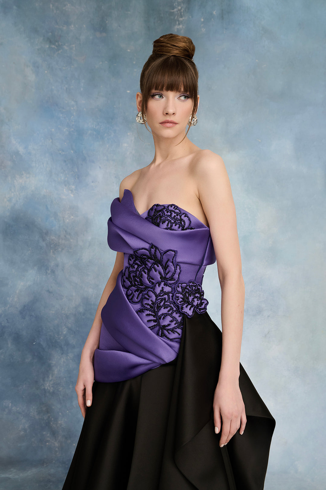 One-Shoulder Corseted Dress with Draping and Florals