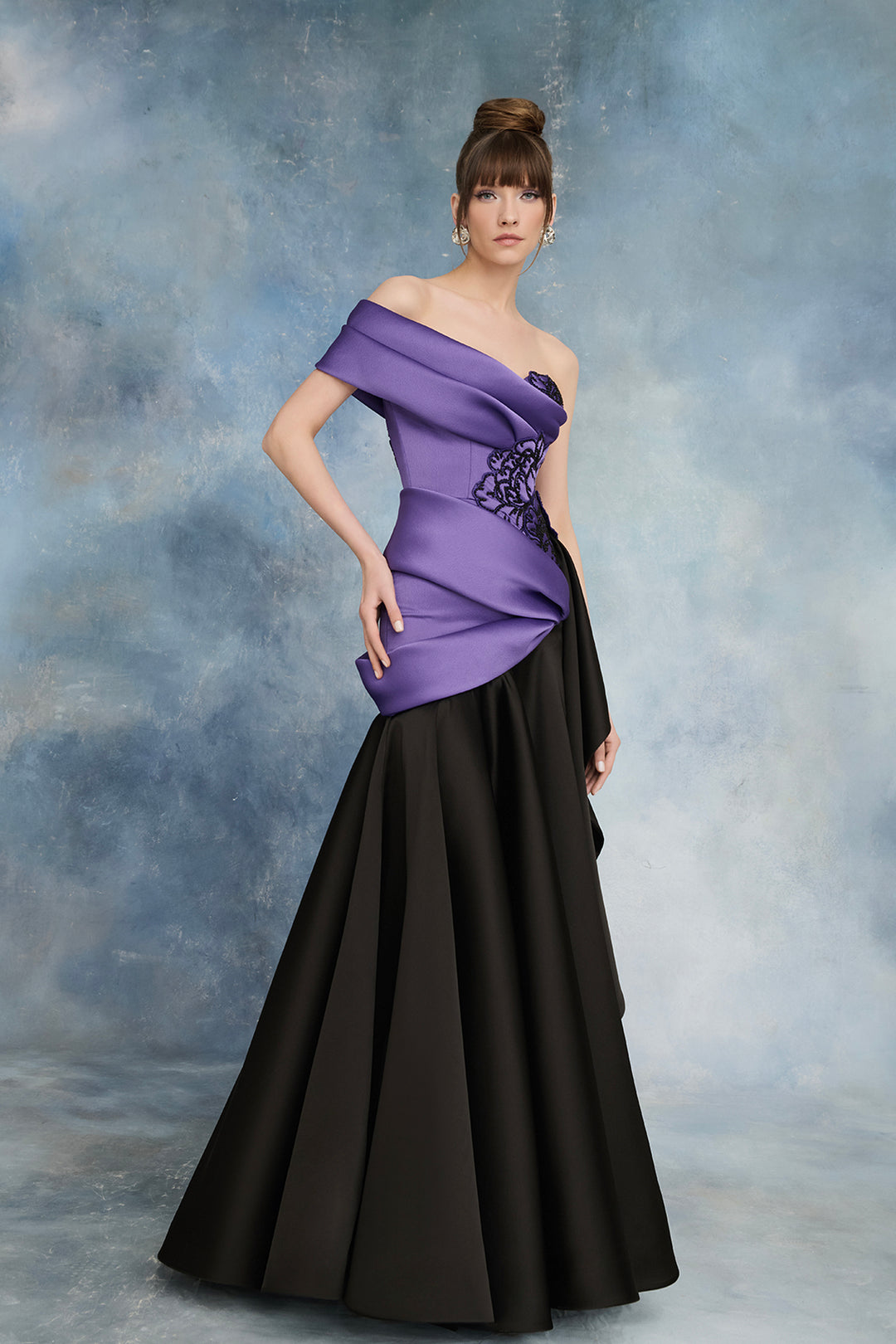 One-Shoulder Corseted Dress with Draping and Florals