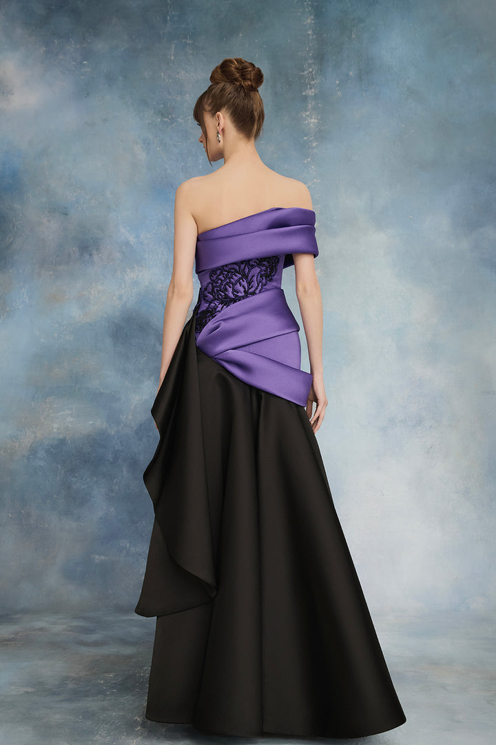 One-Shoulder Corseted Dress with Draping and Florals