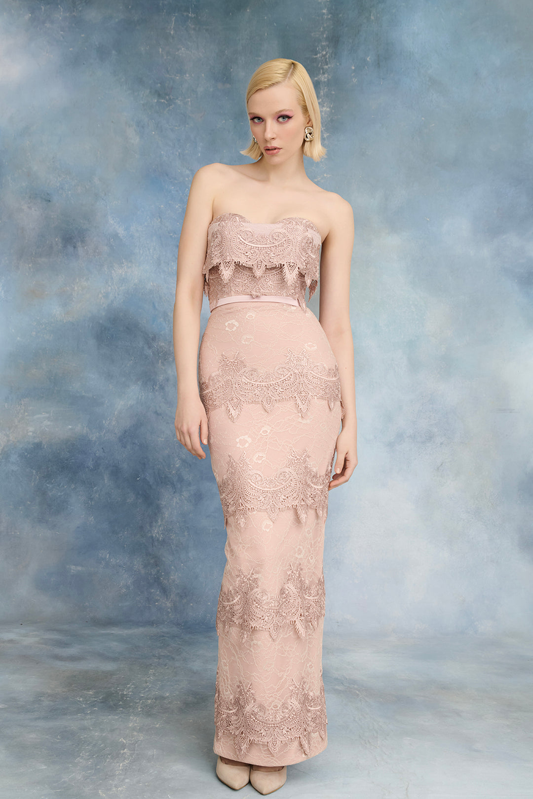 Guipure Lace Column Dress with Sculpted Bodice
