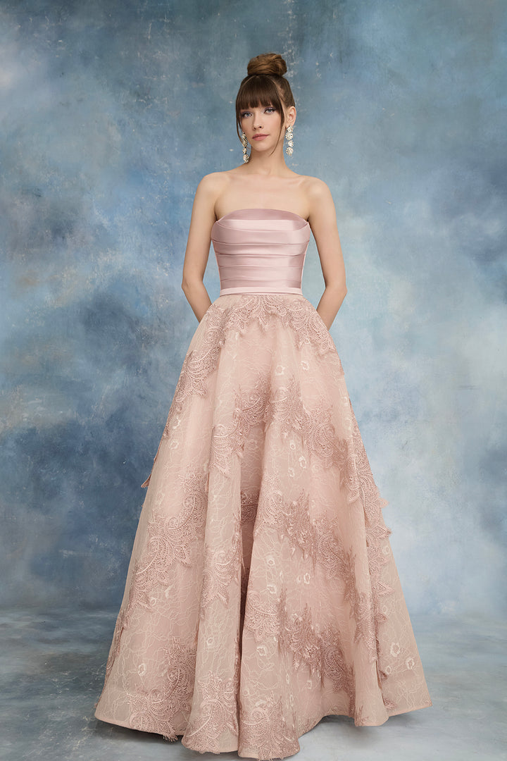 Strapless Satin Dress with Bolero and Guipure Lace Skirt