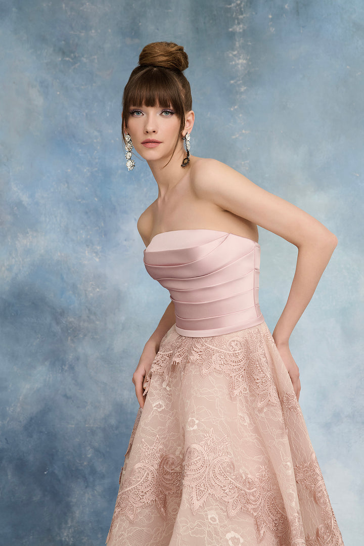 Strapless Satin Dress with Bolero and Guipure Lace Skirt