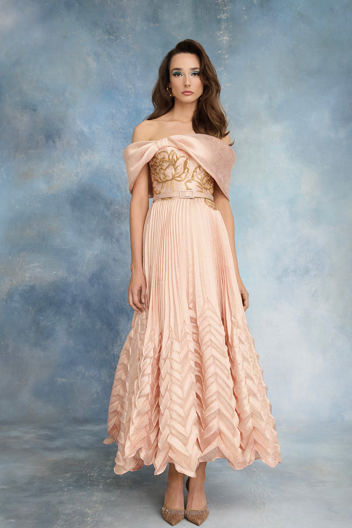 Jacquard Off-The-Shoulder Dress with Beaded Florals