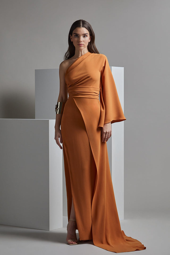 One-Shoulder Fitted Dress with Side Overskirt