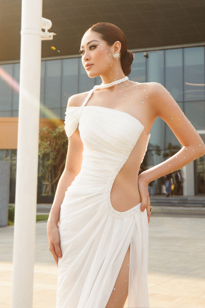 One-Shoulder White Gown with Waist Cutouts and High Slit