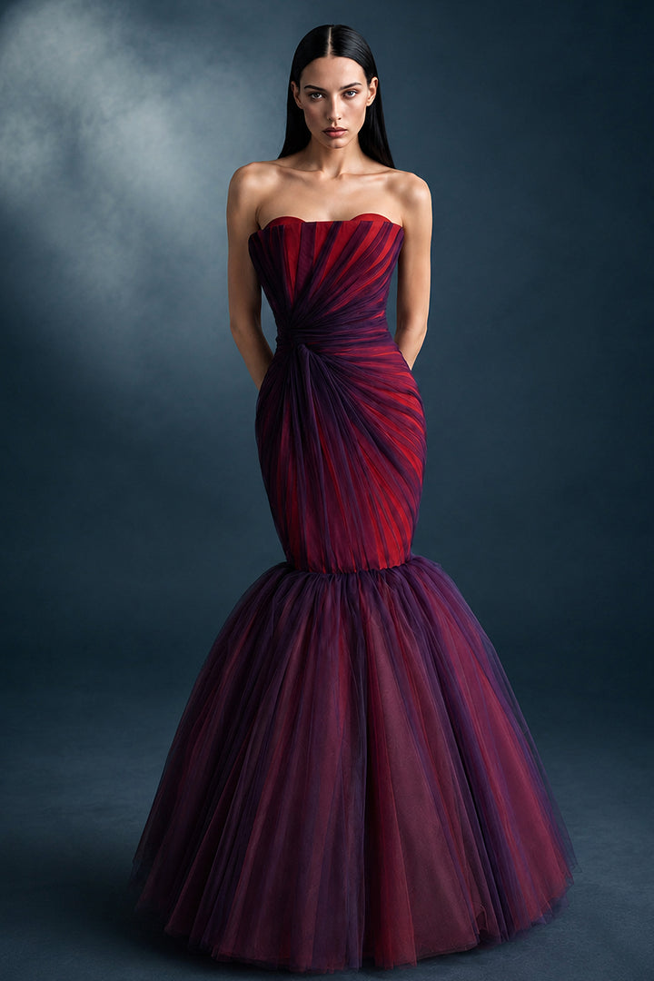 Hand Pleated Strapless Tulle Dress
